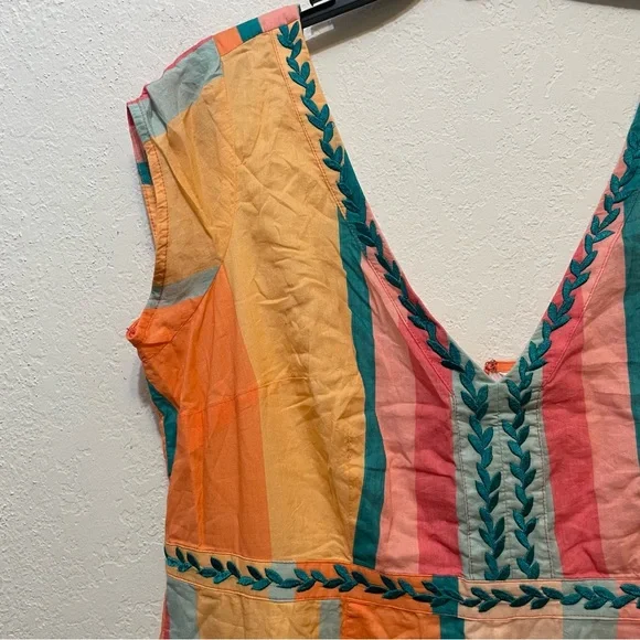 eshakti Plus Size 2X Leaf Embroidery Stripe Print Cotton Voile A-Line Dress - Picture 5 of 8